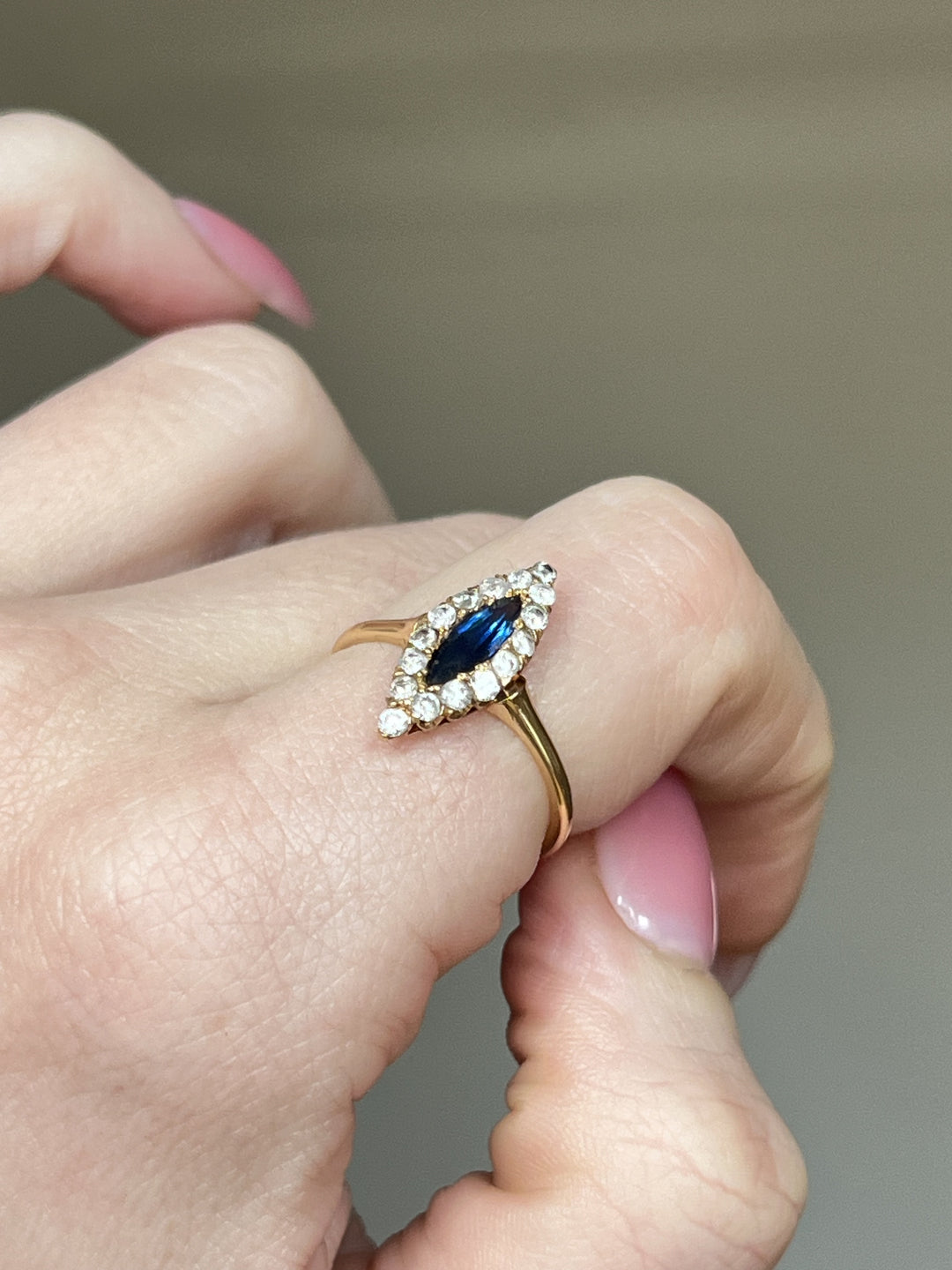 20K Gold, Diamond & Sapphire Navette Ring