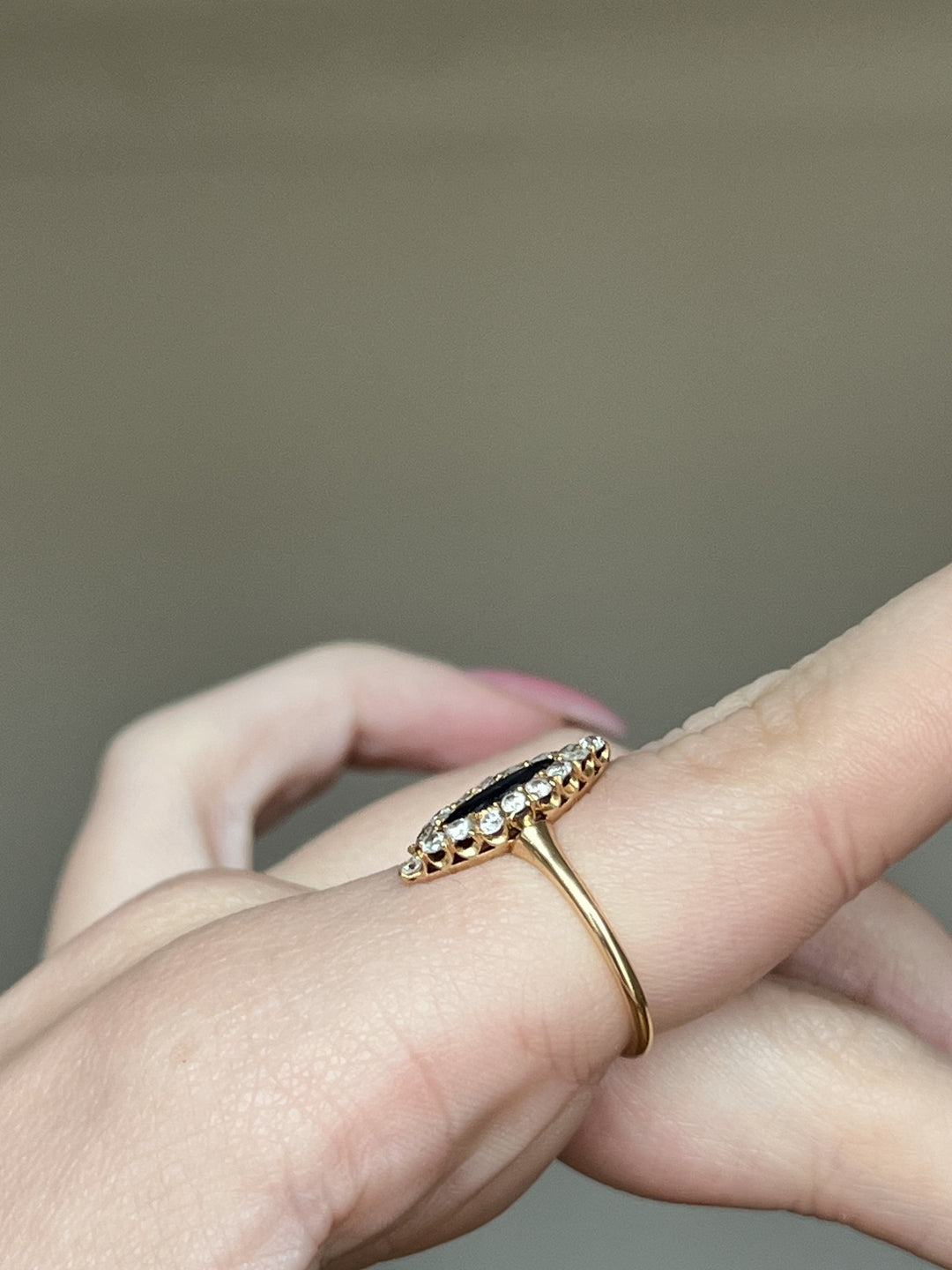 20K Gold, Diamond & Sapphire Navette Ring