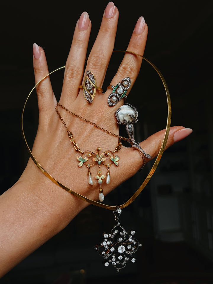 French Art Nouveau Diamond, Emerald & Grey Pearl Ring