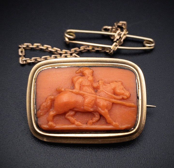 Georgian Coral Cameo Brooch of Mounted Hunter