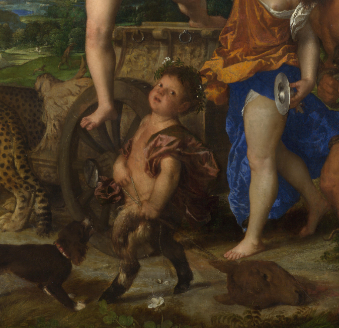Figure 3. Detail of Titian’s Bacchus and Ariadne, showing a young satyr dragging a calf’s head