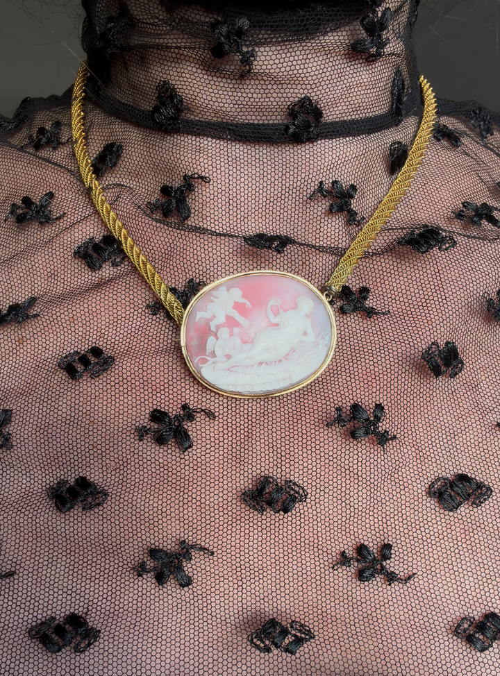 Victorian Pink Conch Cameo Brooch with Venus, Eros and Anteros