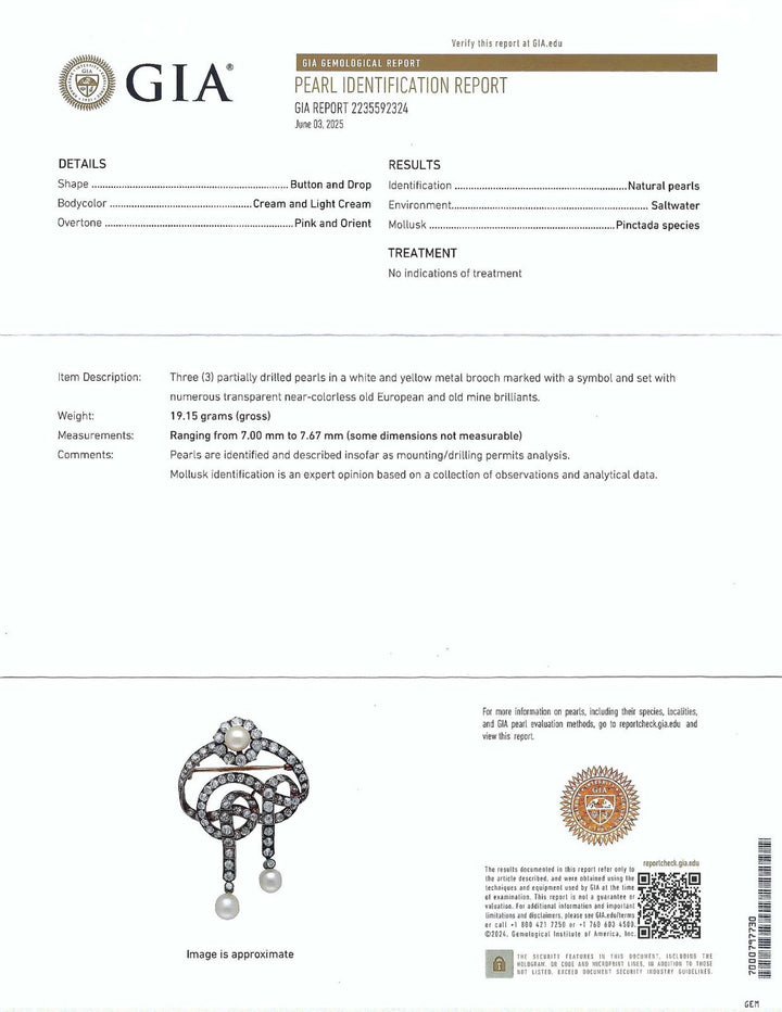 Outstanding Natural 3 Pearl Brooch with GIA Certification