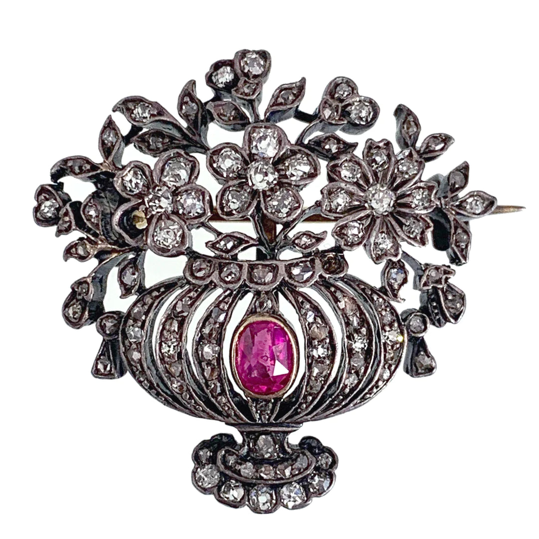 Stunning Early 20th C Diamond and Ruby Giardinetti Brooch