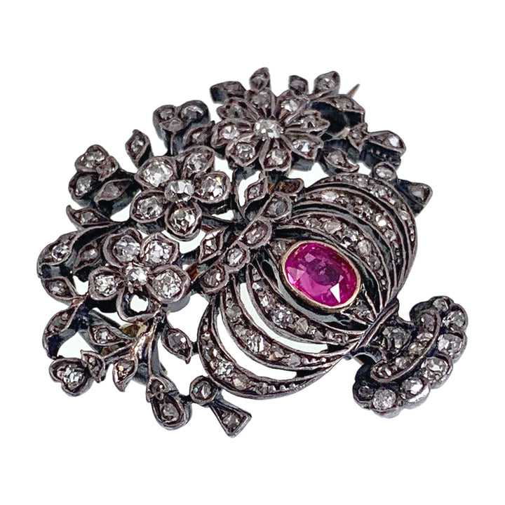 Stunning Early 20th C Diamond and Ruby Giardinetti Brooch