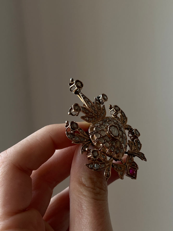 10ct Rose Gold Rose Cut Diamond Flaming Heart Brooch