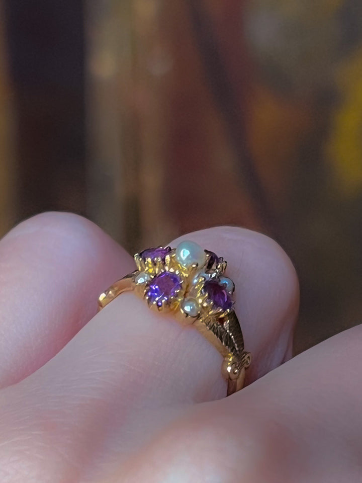Superb Victorian Revival Amethyst and Pearl Ring