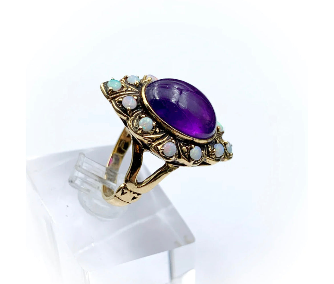 14ct Amethyst and Opal Vintage Navette Cocktail Ring
