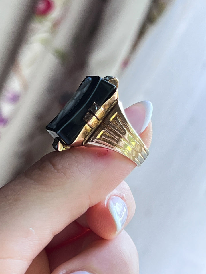 Superb All Original Onyx and Diamond Cameo Ring