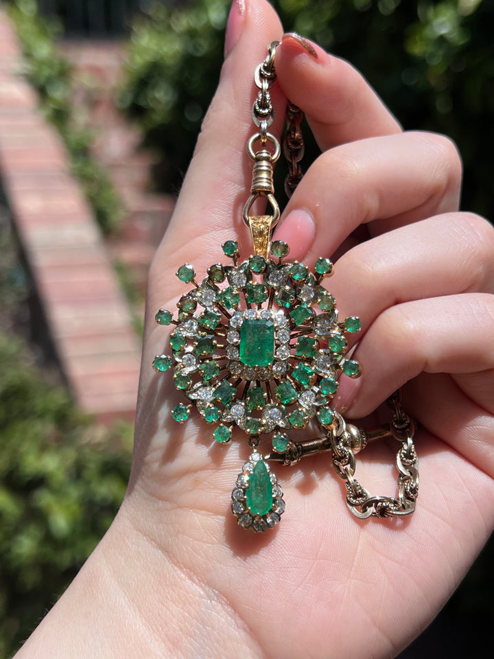 Superb Early 20th C Diamond & Emerald Brooch/Pendant