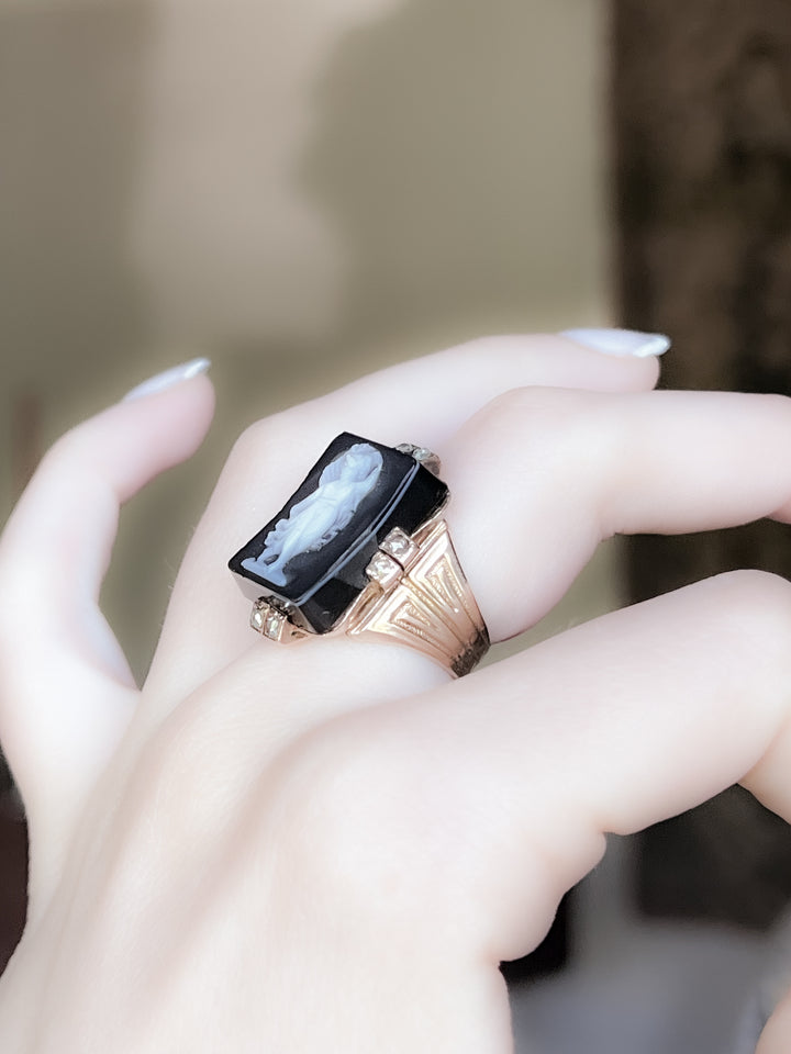 Superb All Original Onyx and Diamond Cameo Ring