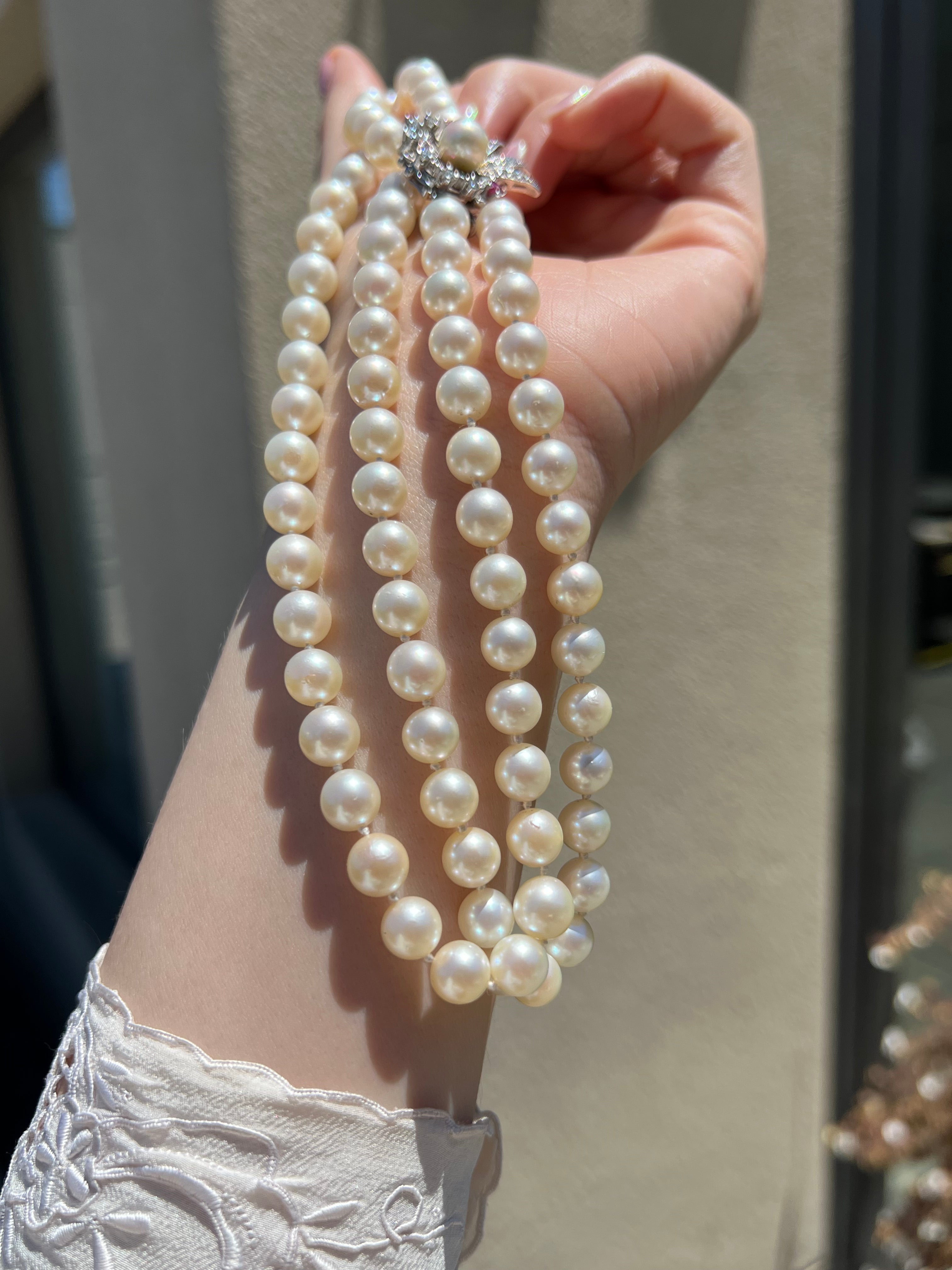 Super Double Strand of Pearls with Diamond, Pearl & Ruby Clasp 1950