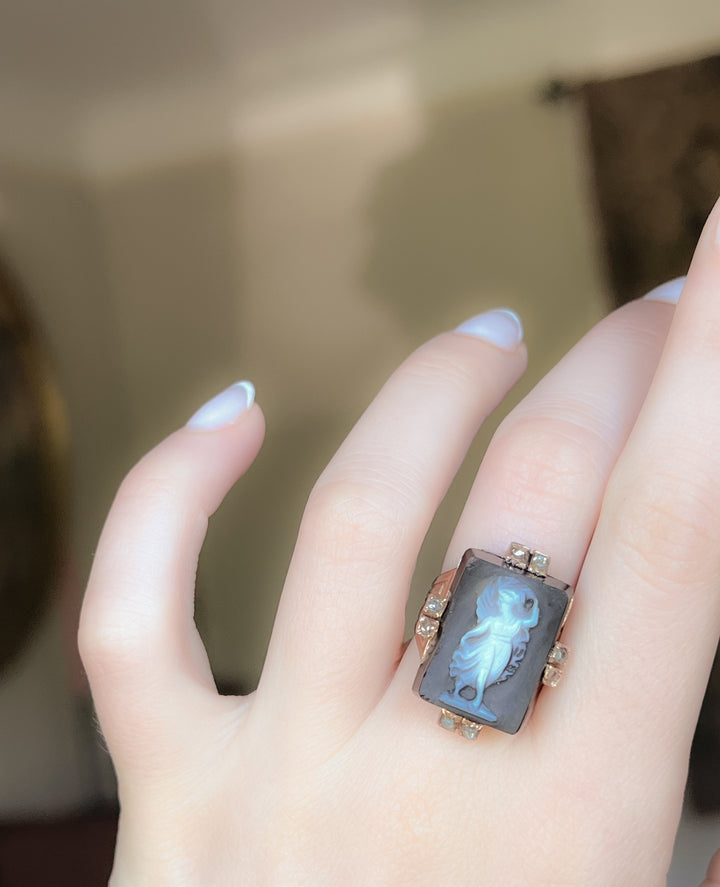 Superb All Original Onyx and Diamond Cameo Ring