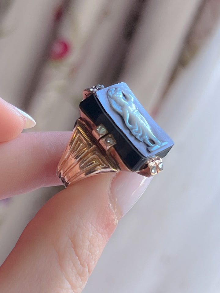 Superb All Original Onyx and Diamond Cameo Ring