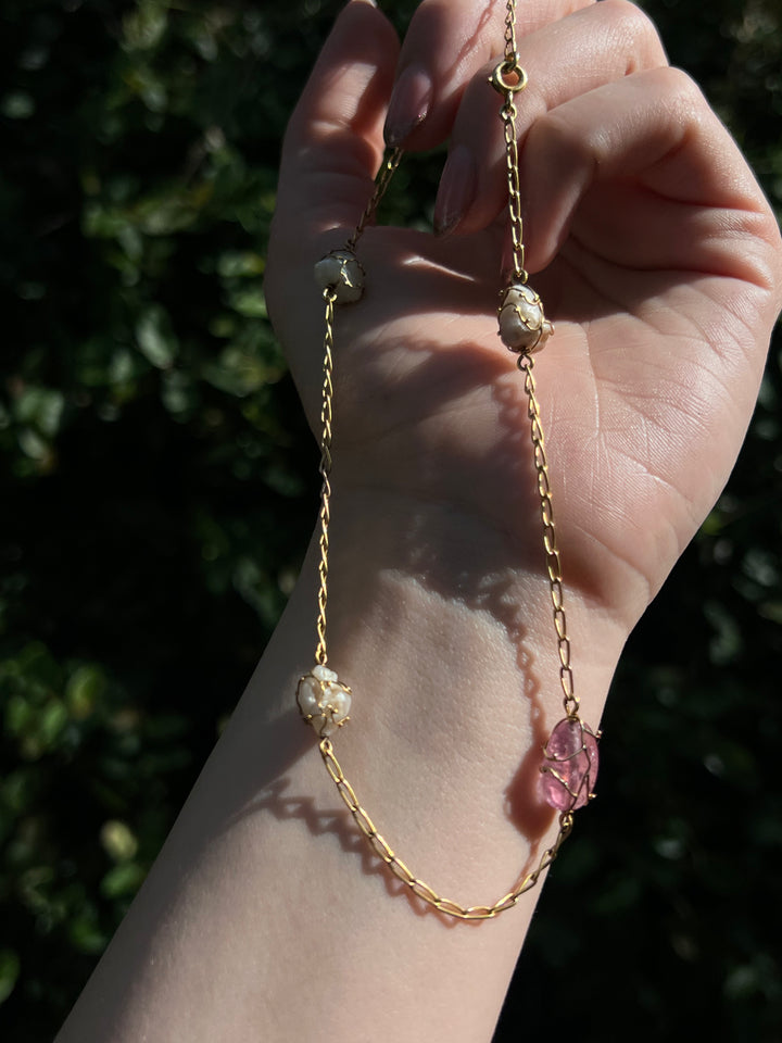 Outstanding 19th C Art Nouveau Pearl and Tourmaline Chain 18ct