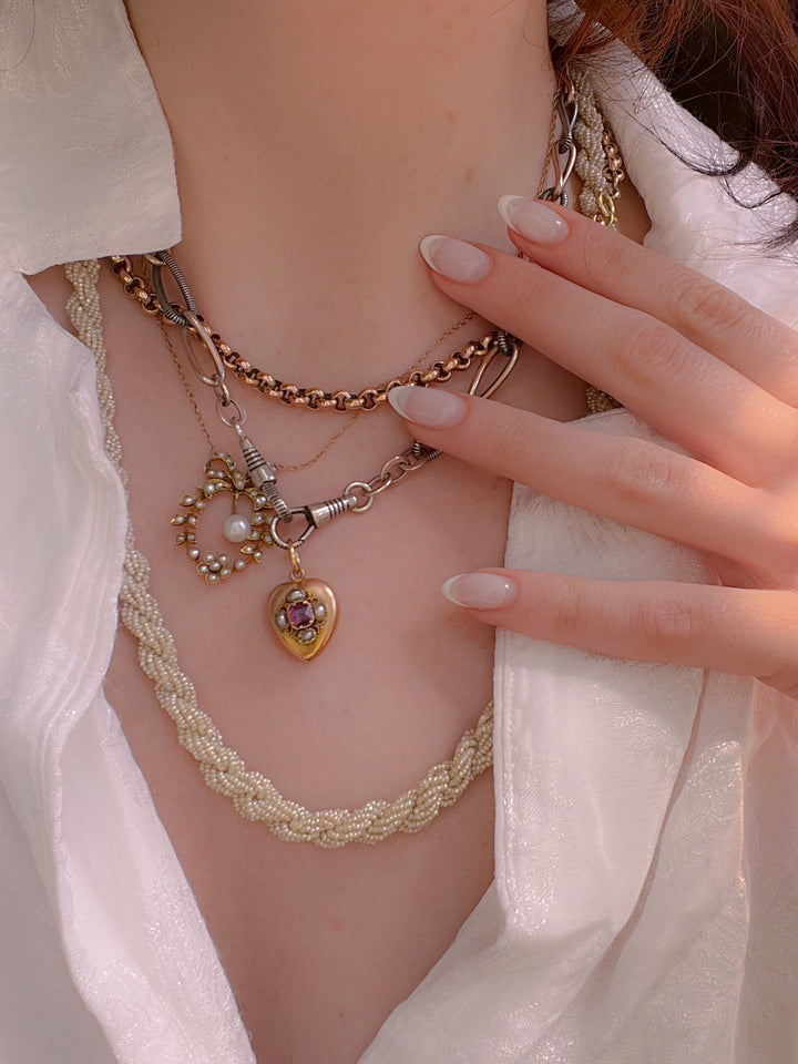 15k Victorian Puffy Heart Pendant With Tourmaline and Pearls