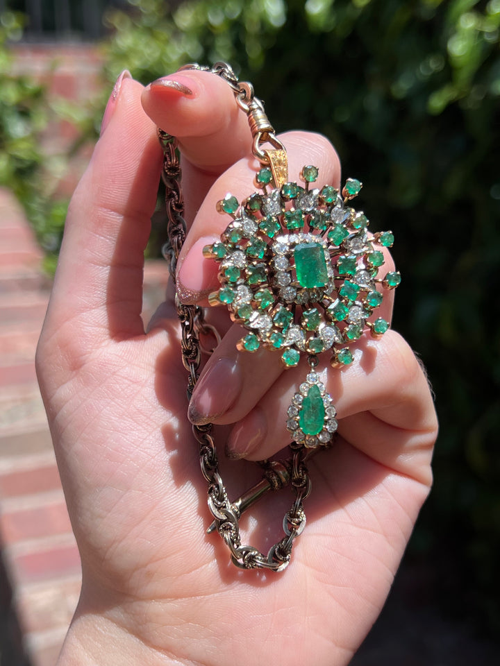 Superb Early 20th C Diamond & Emerald Brooch/Pendant