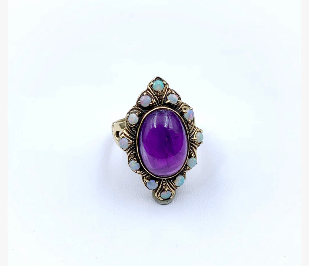 14ct Amethyst and Opal Vintage Navette Cocktail Ring