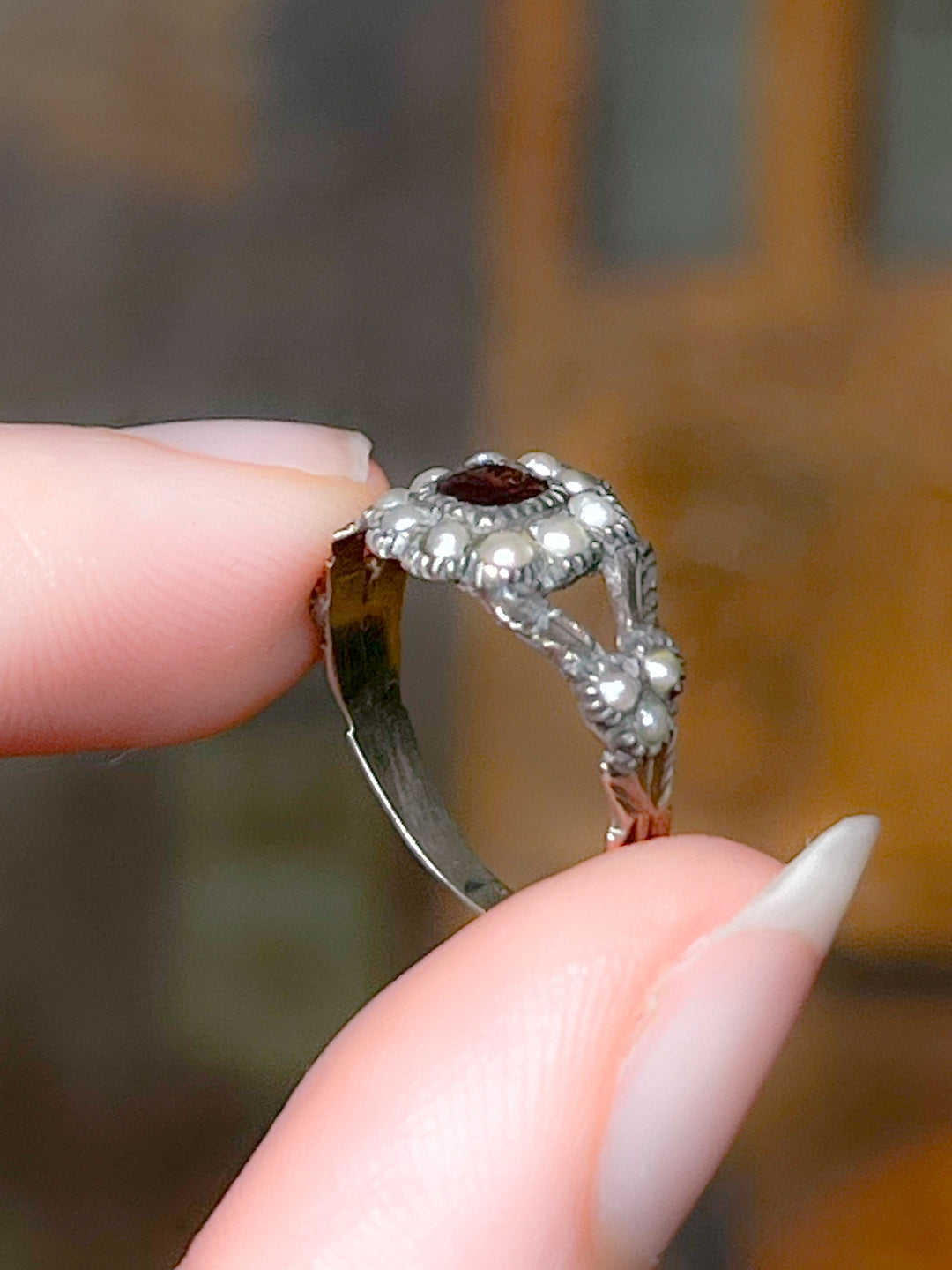 Georgian Garnet and Pearl Ring in 9ct