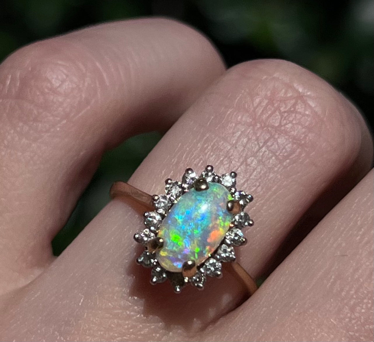 Superb Vintage Opal Ring with Diamond Halo 14k Circa 1990