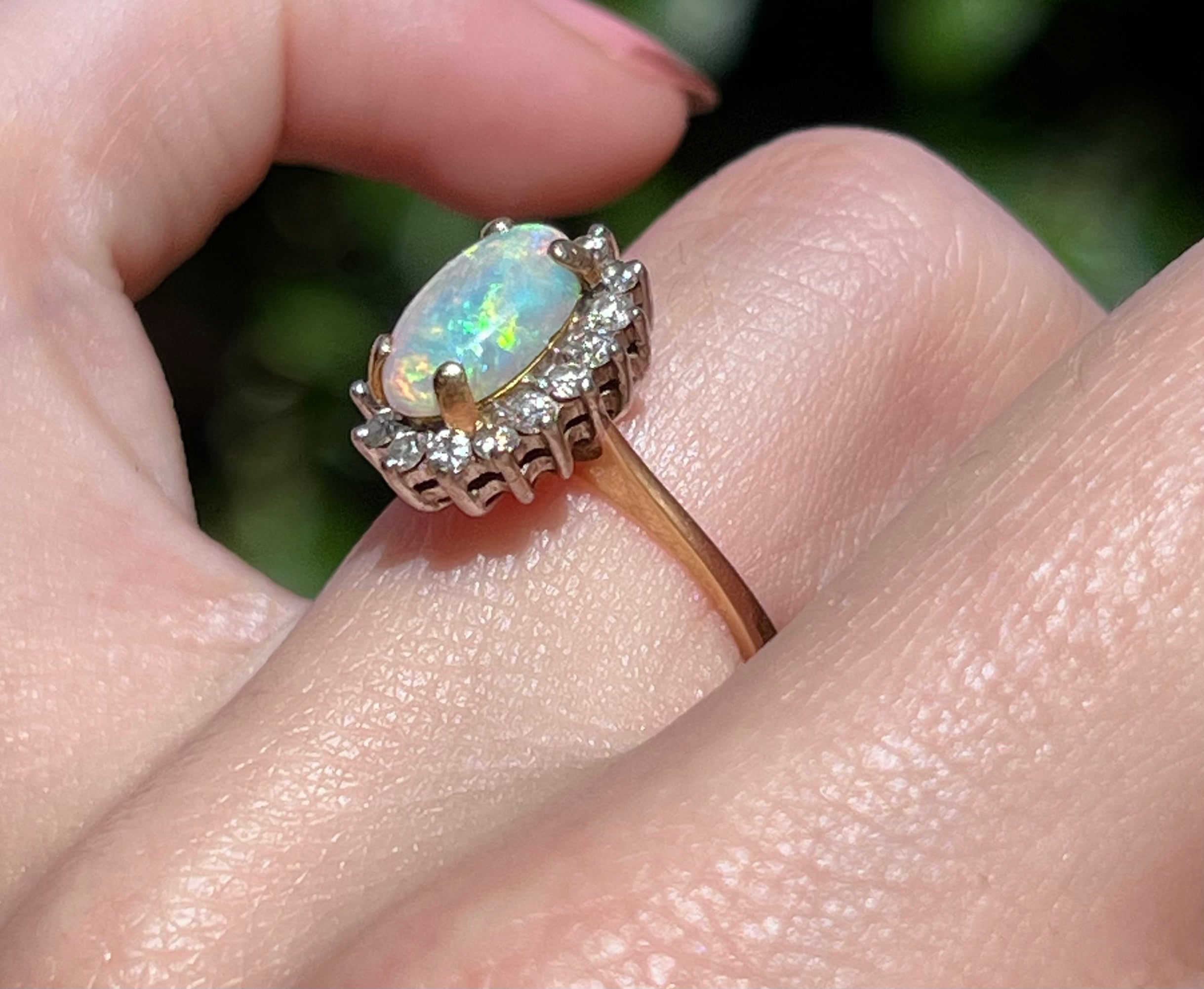 Superb Vintage Opal Ring with Diamond Halo 14k Circa 1990