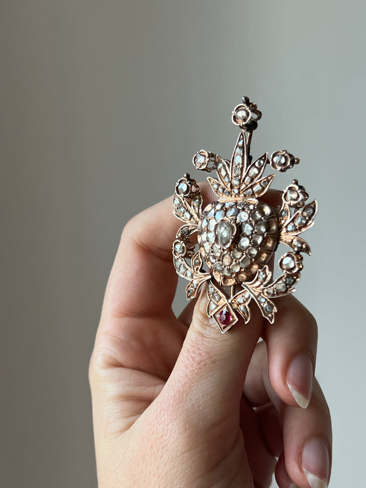 10ct Rose Gold Rose Cut Diamond Flaming Heart Brooch