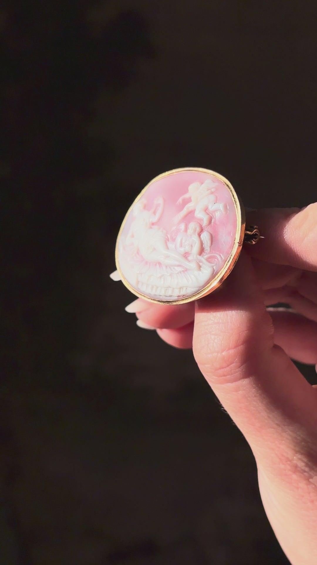 Victorian Pink Conch Cameo Brooch with Venus, Eros and Anteros