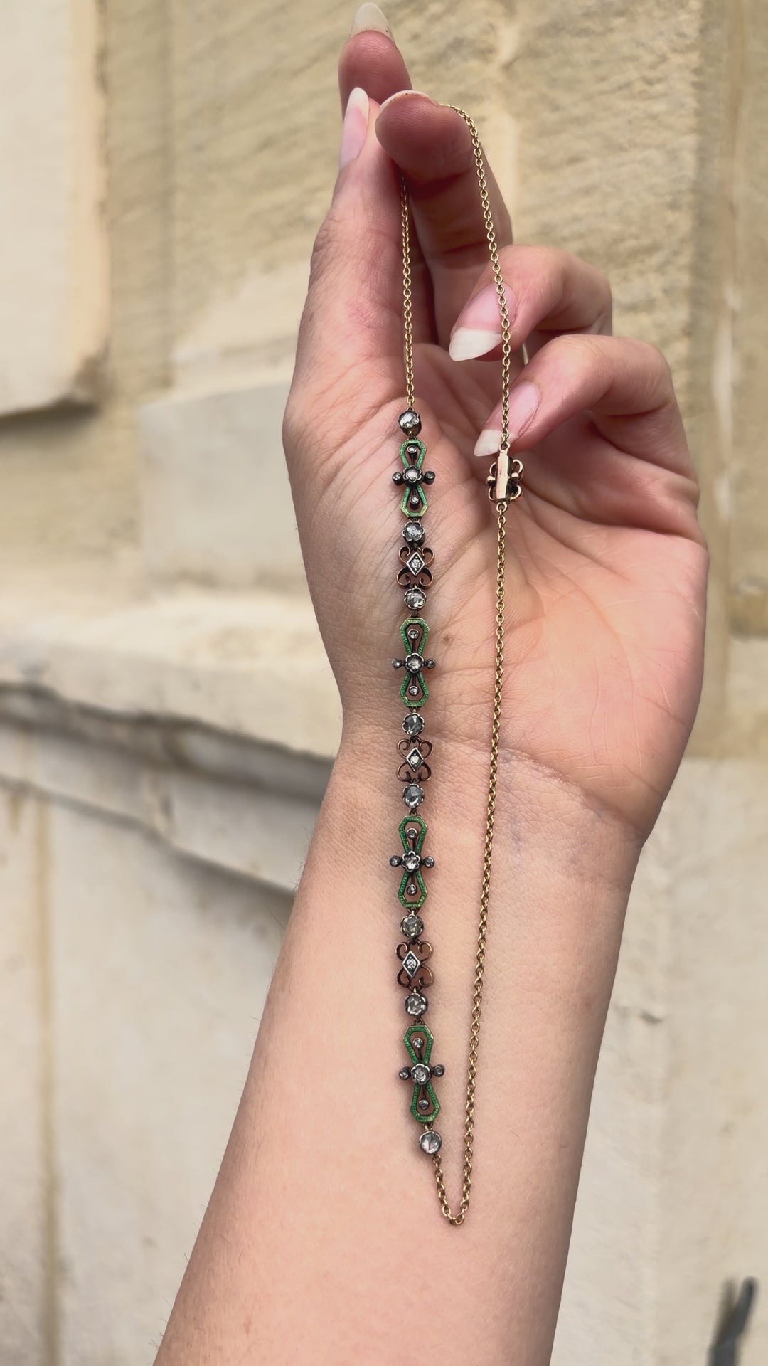 Rare Green Enamel and Diamond Renaissance Revival Holbeinesque Necklace. in 15ct Gold
