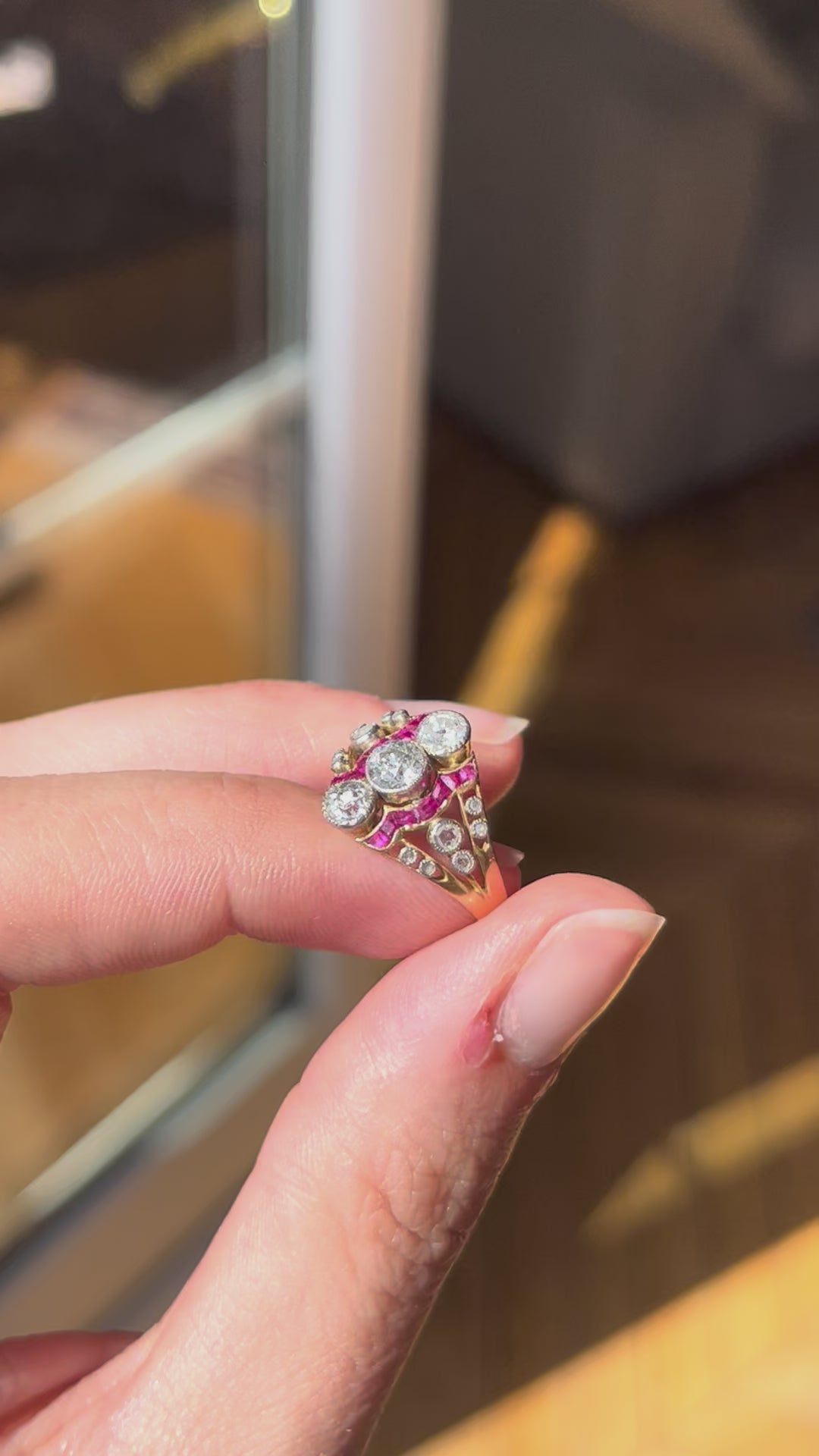 Natural Ruby & Diamond Triple OEC Ring | .44ctw Diamonds .30ctw Rubies | 18ct & Platinum | Belle Époque