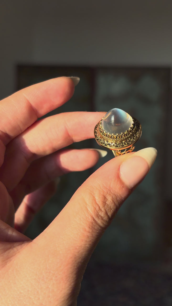 The Pyramid Sugarloaf Moonstone Ring with Orientalist Details