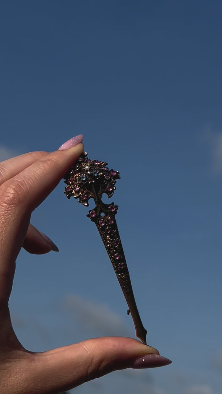 Austro-Hungarian Hair Ornament with Sapphires, Rubies + Pearls