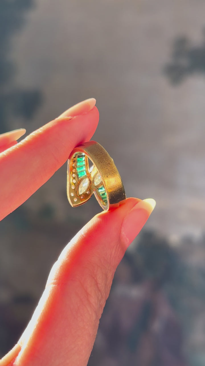 Marquise Diamond & Emerald Toi et Moi Ring in 18ct Yellow Gold, Circa 1980 3.48ctw