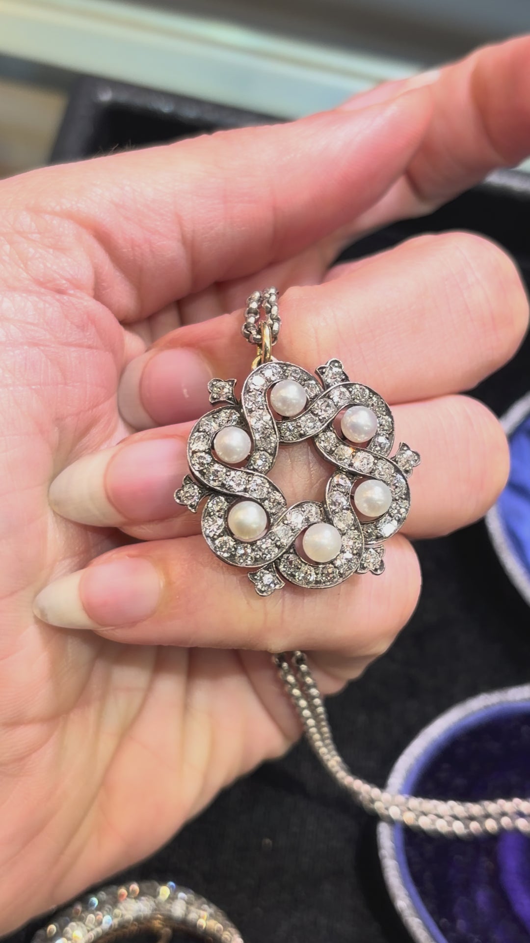 Superb Victorian Pearl and Diamond Pendant in 18-Carat Gold and Sterling Silver with Silver Chain