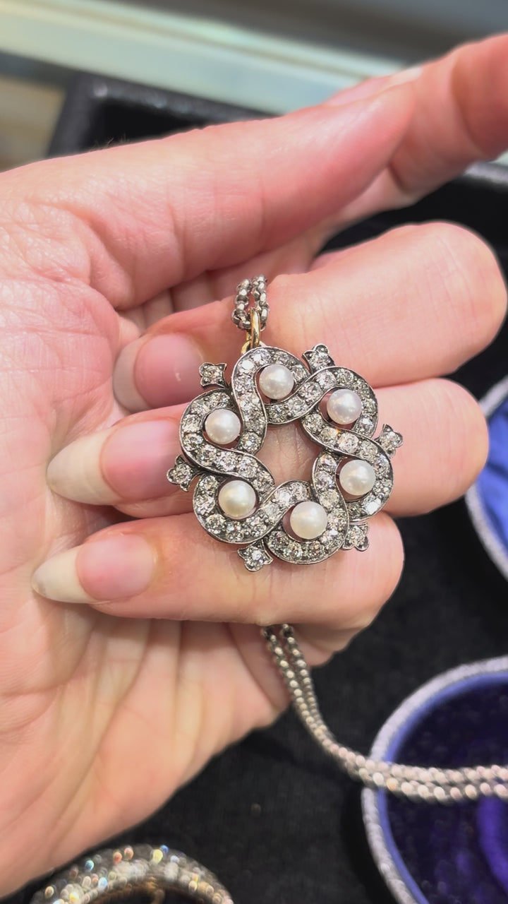 Superb Victorian Pearl and Diamond Pendant in 18-Carat Gold and Sterling Silver with Silver Chain