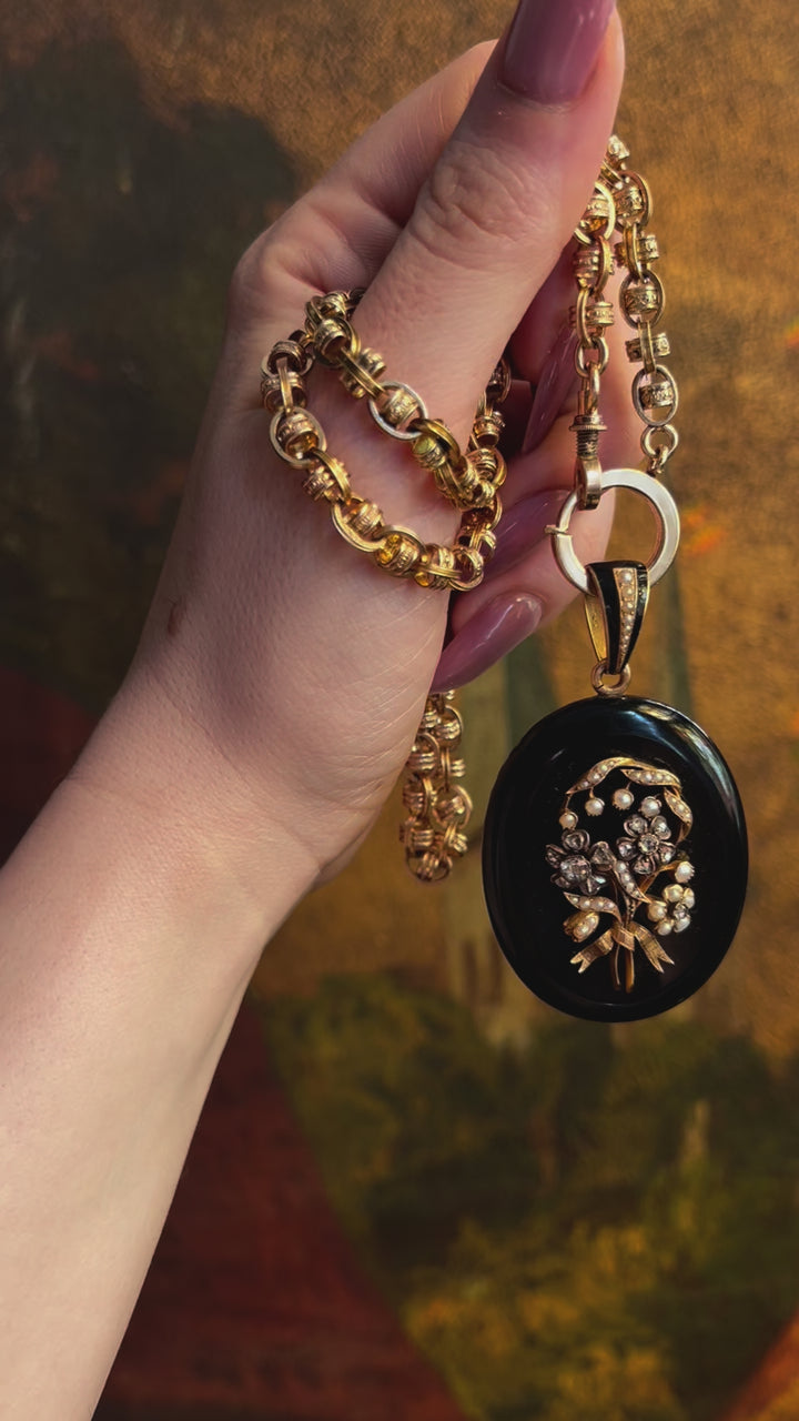 French Onyx Diamond Pearl Sentimental Locket