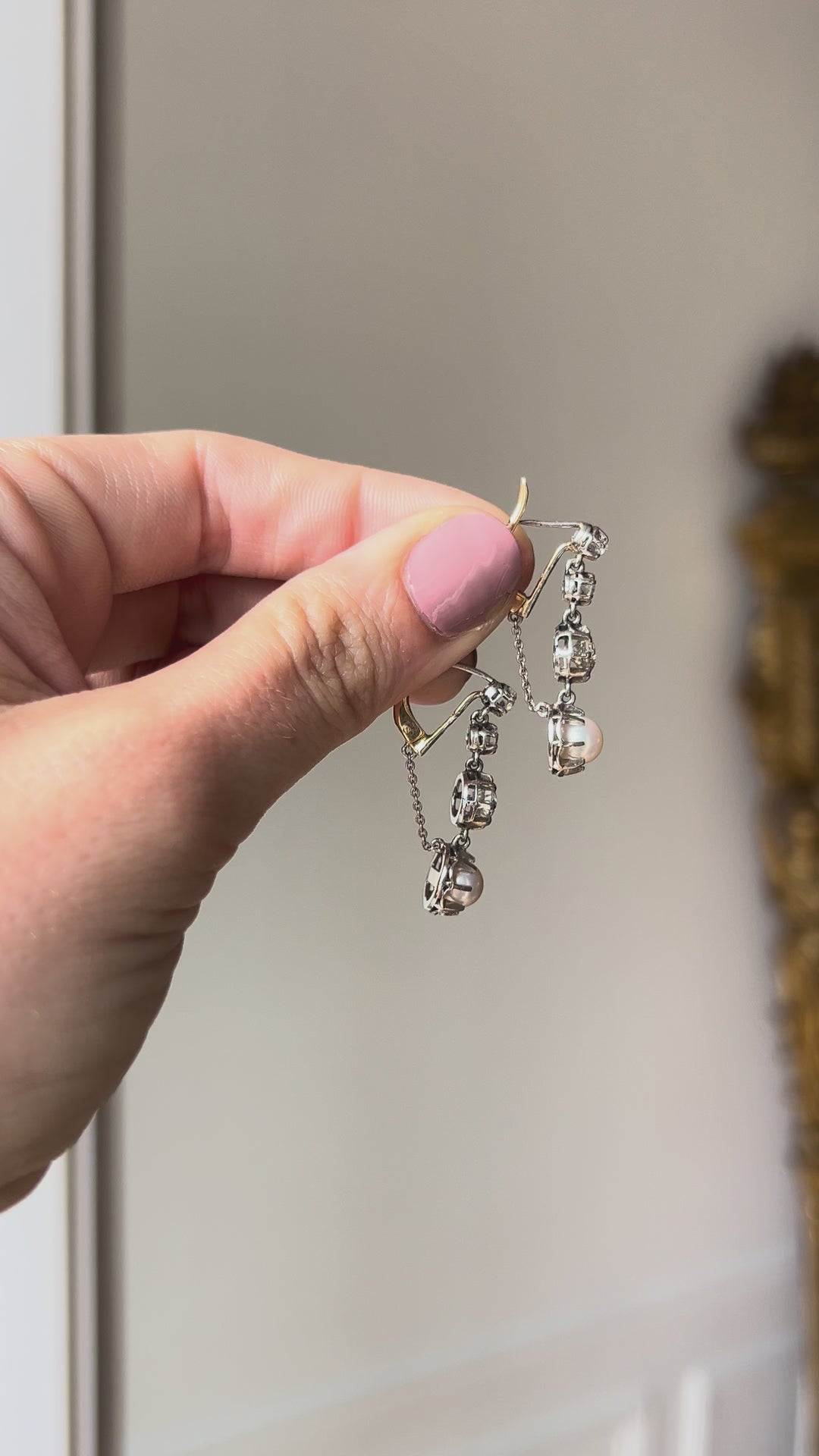 French Platinum & 18ct Gold Pearl & Diamond Drop Earrings | 1.5ctw OEC | c.1910