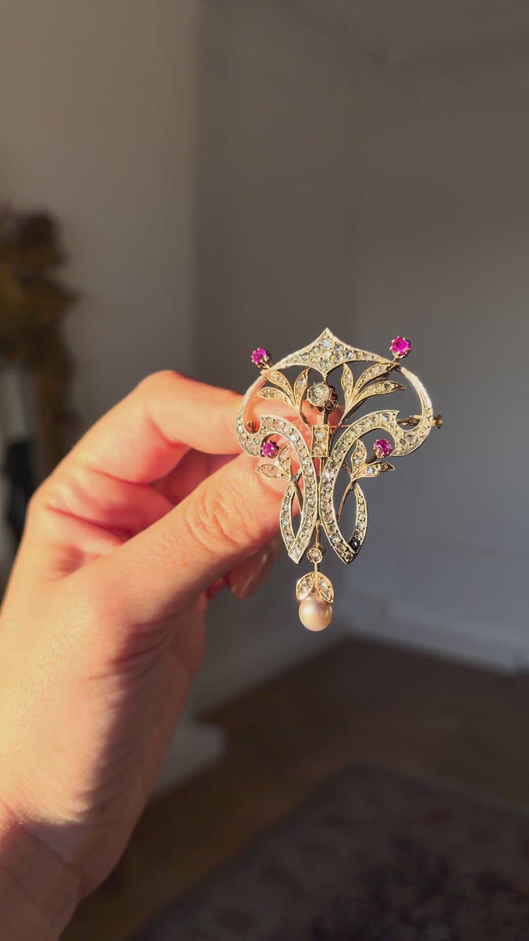 Outstanding French Art Nouveau Diamond & Ruby Brooch with Natural Grey Pearl
