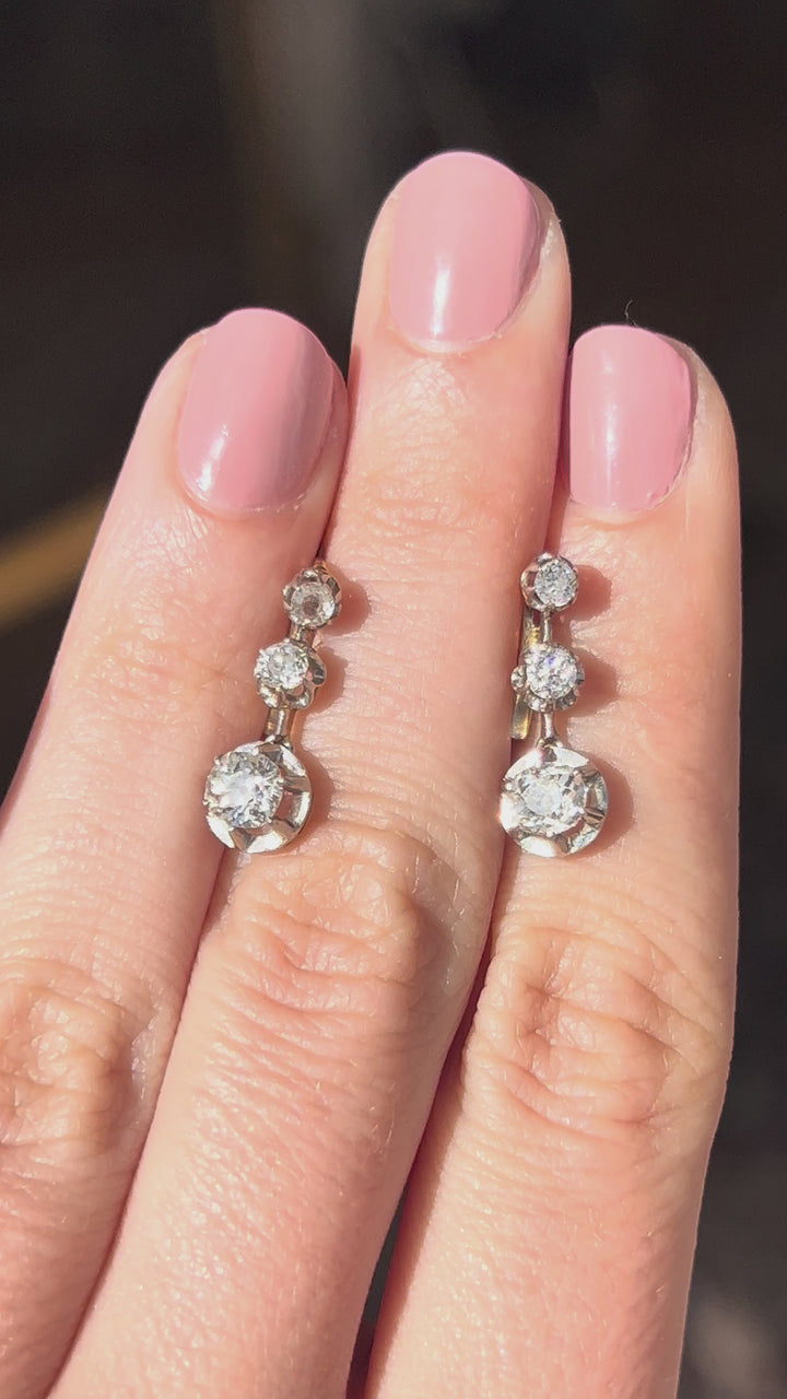 Belle Époque Platinum & 18ct Gold Triple Drop Earrings | 1ctw Old Mine Cut | French c.1890-1910