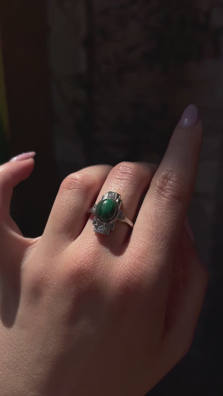 Wonderful Malachite and Diamond Art Deco Ring