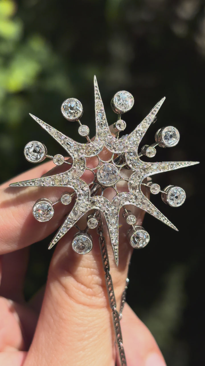 English Platinum Diamond Starburst Brooch | ~2.98ctw 64 Diamonds | All Original | c.1915