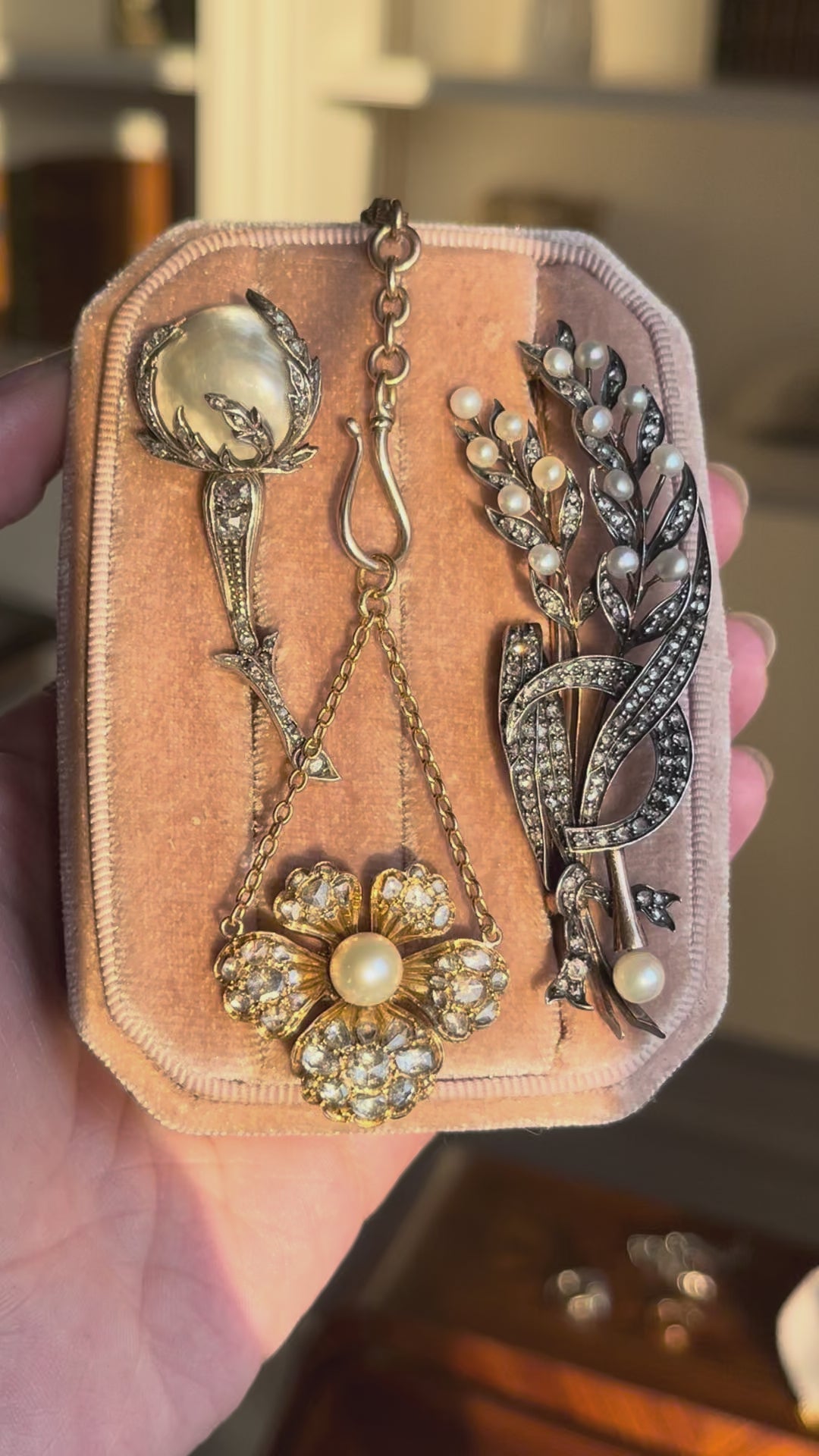 Napoleon III Wheat & Scythe Brooch with Pearls | 110 Rose Cut Diamonds .97ctw | 18ct Pink Gold & Sterling | c.1860s