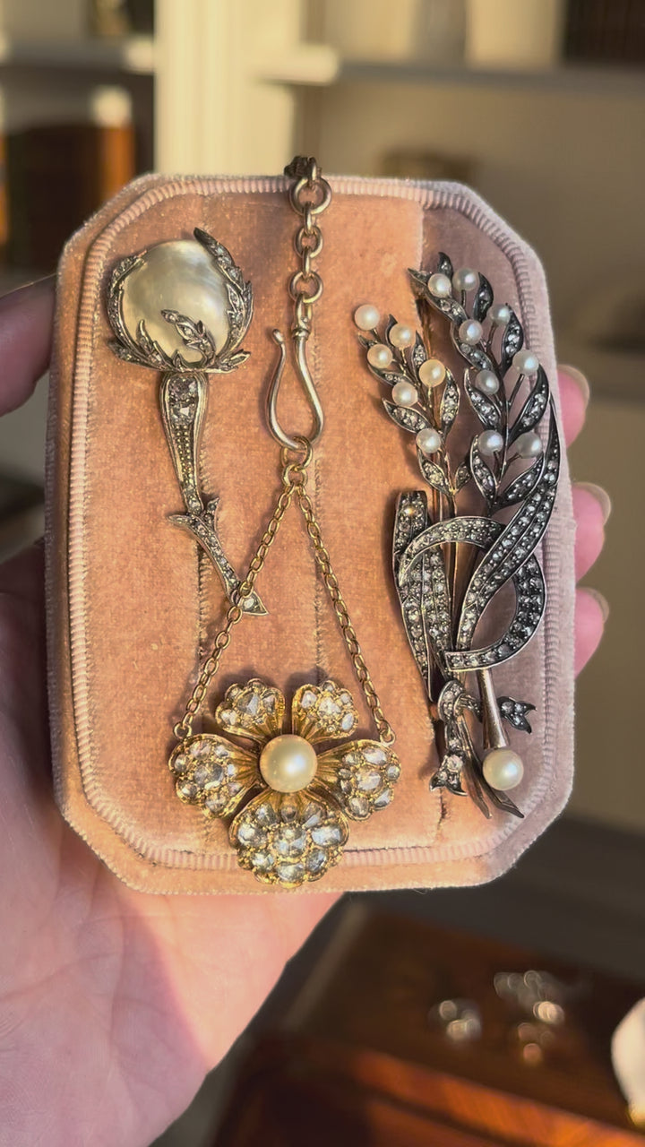 Napoleon III Wheat & Scythe Brooch with Pearls | 110 Rose Cut Diamonds .97ctw | 18ct Pink Gold & Sterling | c.1860s