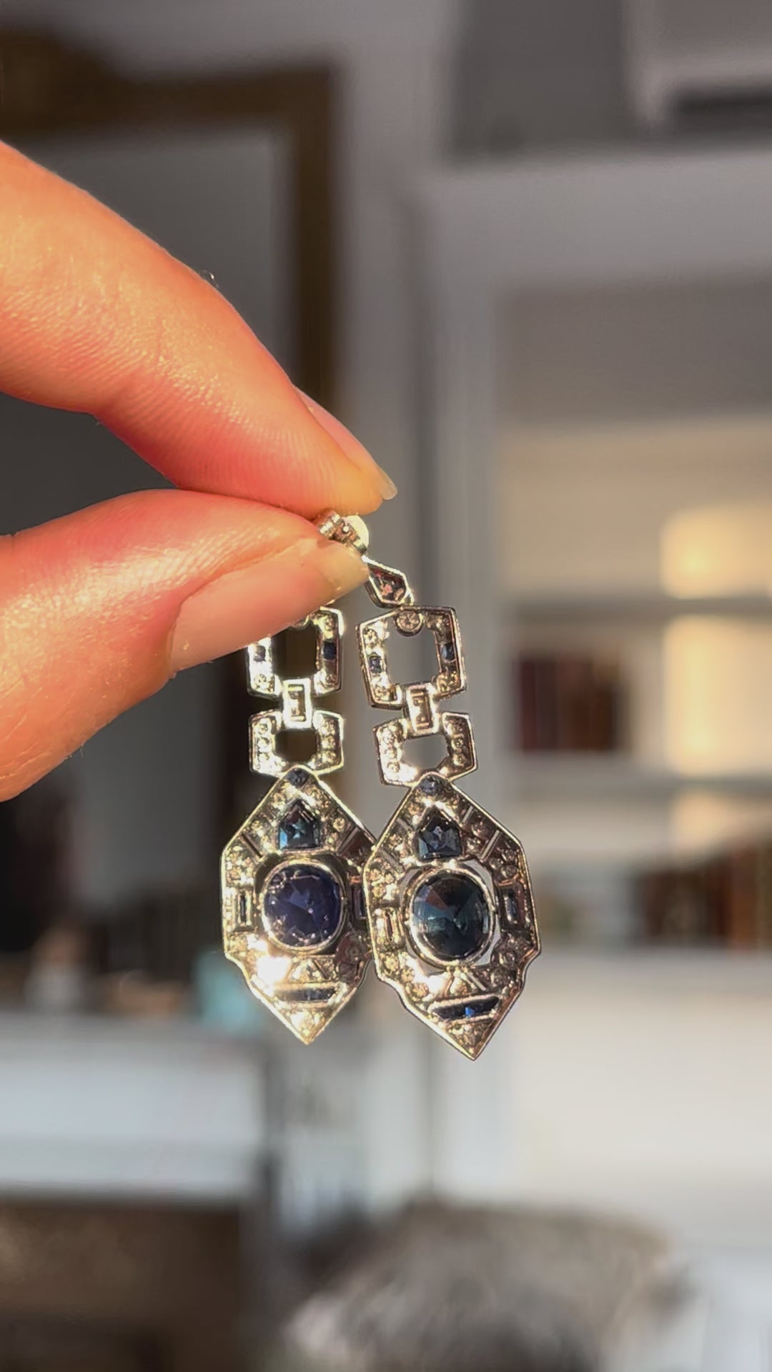 Vintage Sapphire & Diamond Earrings | Art Deco Style | 3.98ctw Diamonds | 18ct White Gold | c.1980s