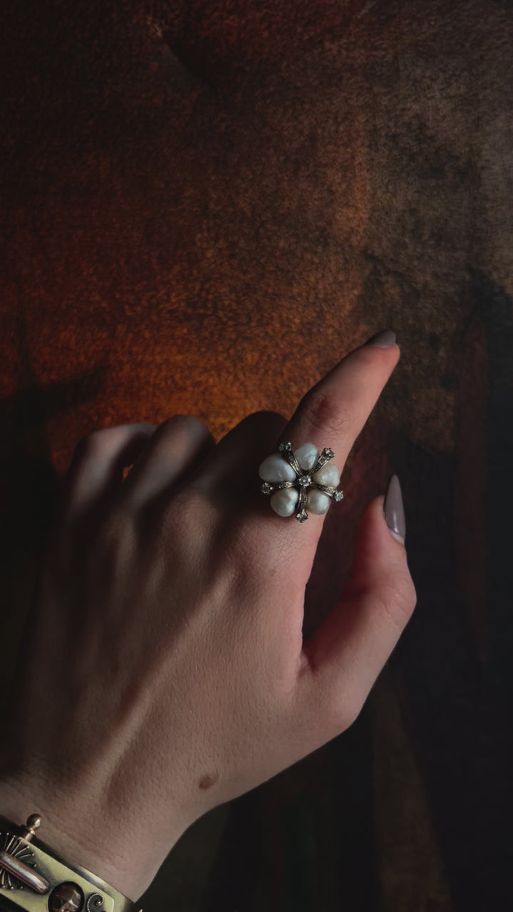 14ct Pearl and Diamond Flower Ring