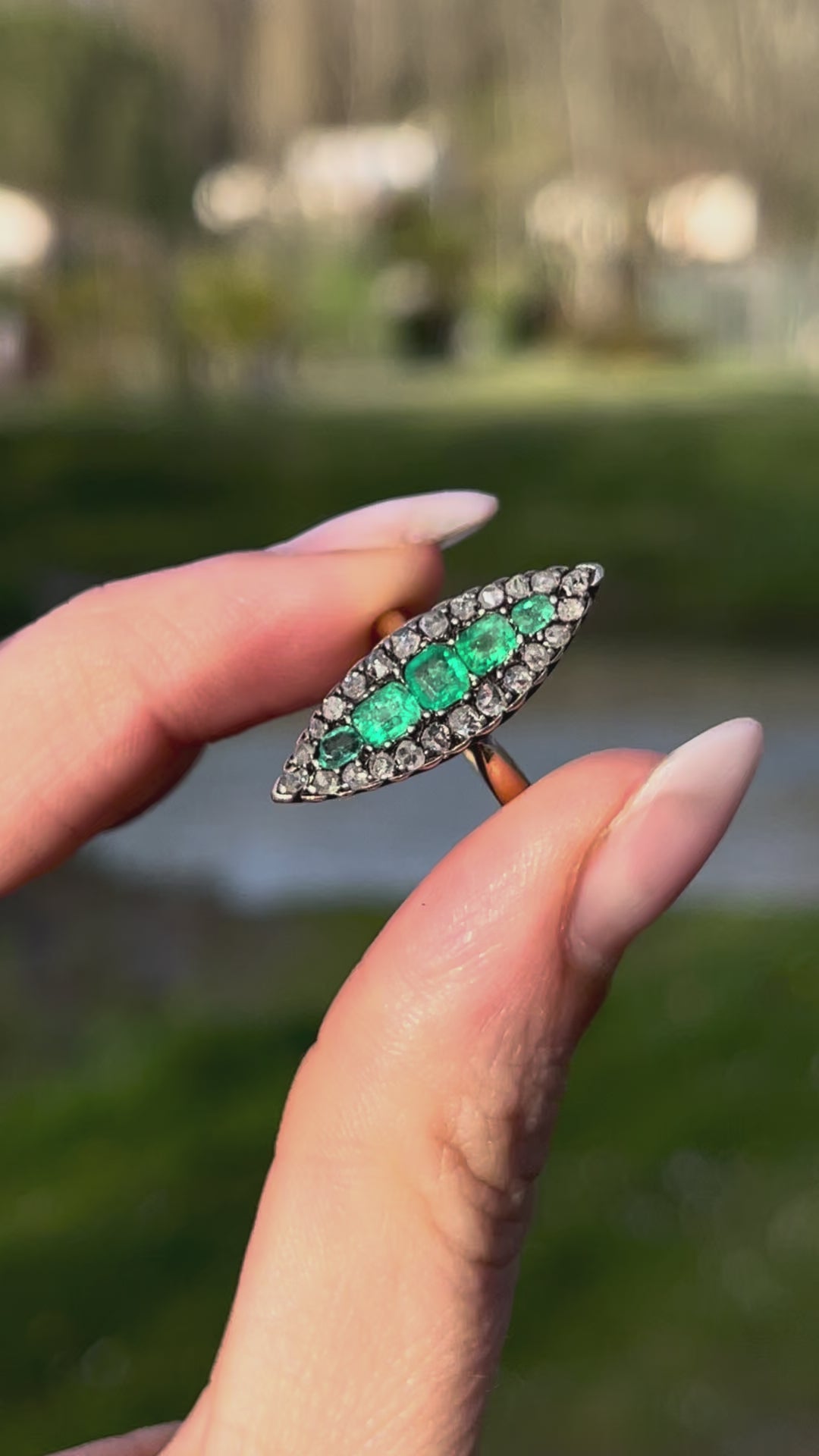 Emerald & Rose Cut Diamond Navette Ring