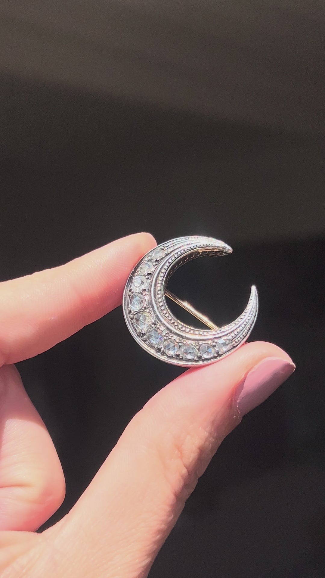 French Rose Cut Diamond Crescent Brooch | .87ctw | Sterling & Pink Gold | Napoleon III c.1860s