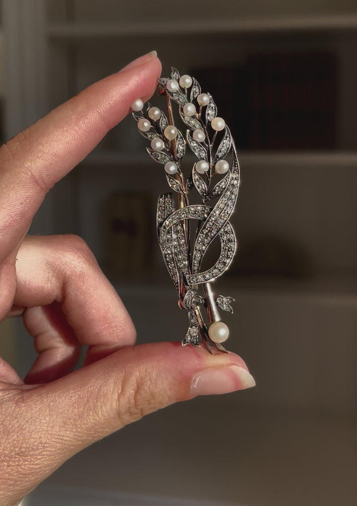 Napoleon III Wheat & Scythe Brooch with Pearls | 110 Rose Cut Diamonds .97ctw | 18ct Pink Gold & Sterling | c.1860s