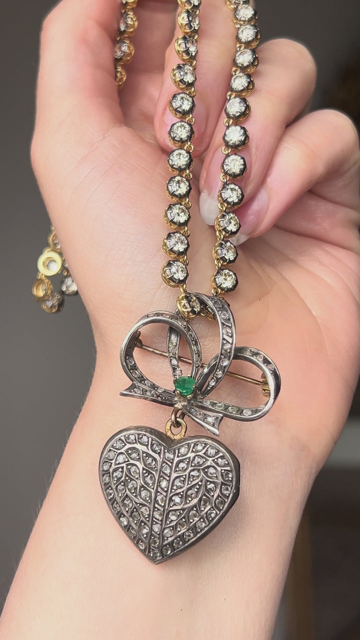 Rose Cut Diamond Heart Locket with Sévigné Bow Brooch Top
