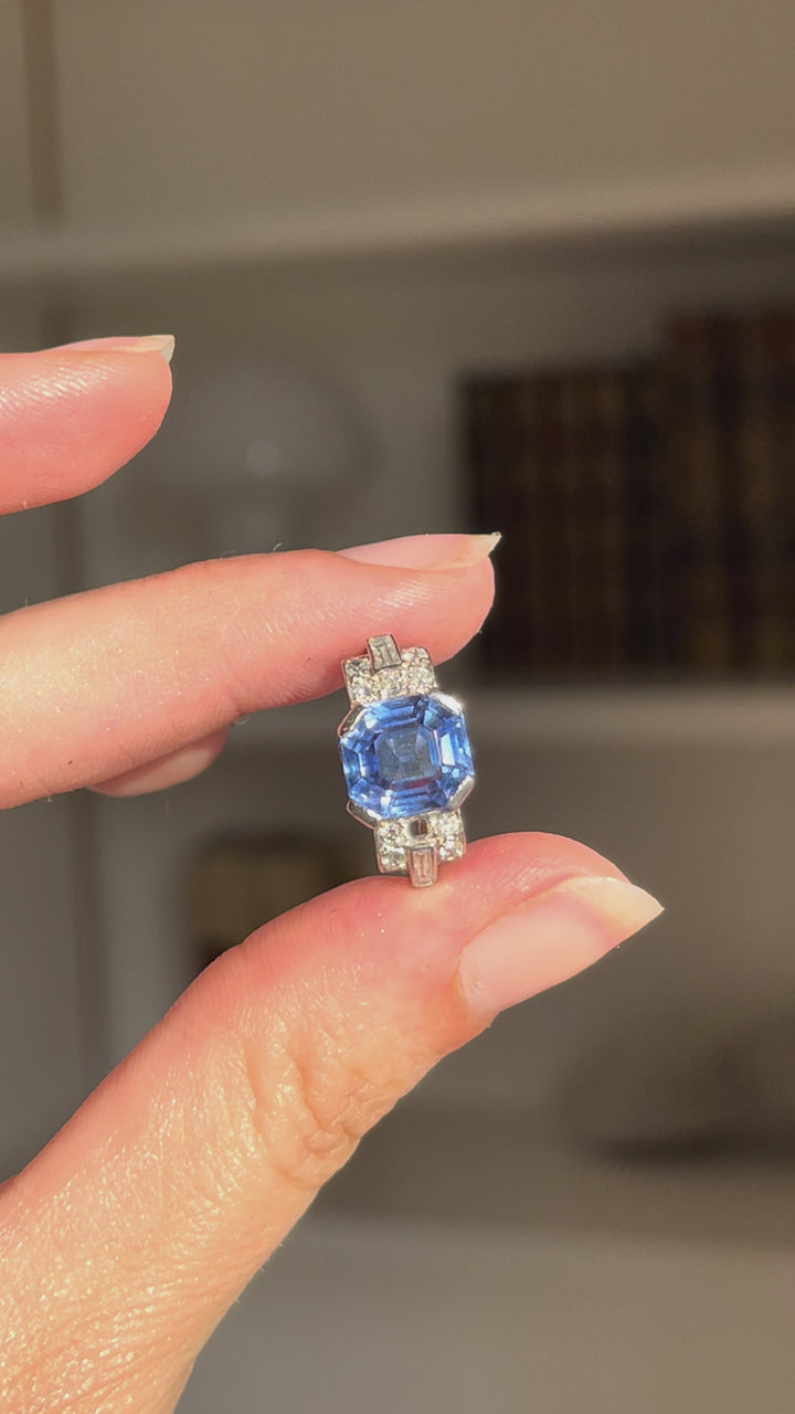 French Art Deco Unheated Ceylon Sapphire Ring | 5.45ct Octagonal Cut | Platinum | c.1925