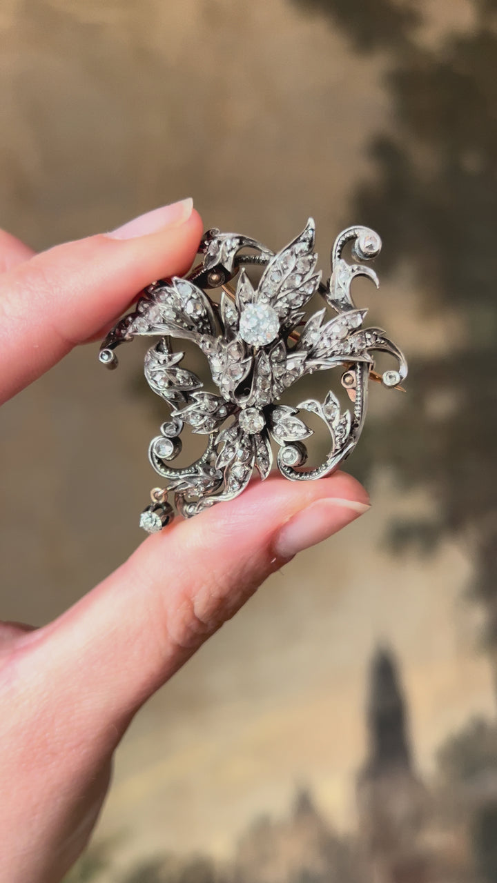 French Art Nouveau Diamond Brooch | 3.4ctw | .93ct Old Mine Centre | Sterling & Pink Gold | c.1890